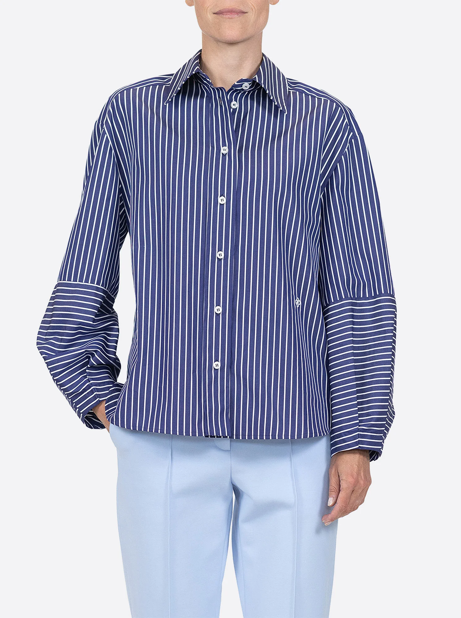 AURA Lantern sleeve stripe shirt navy/white - Image 3
