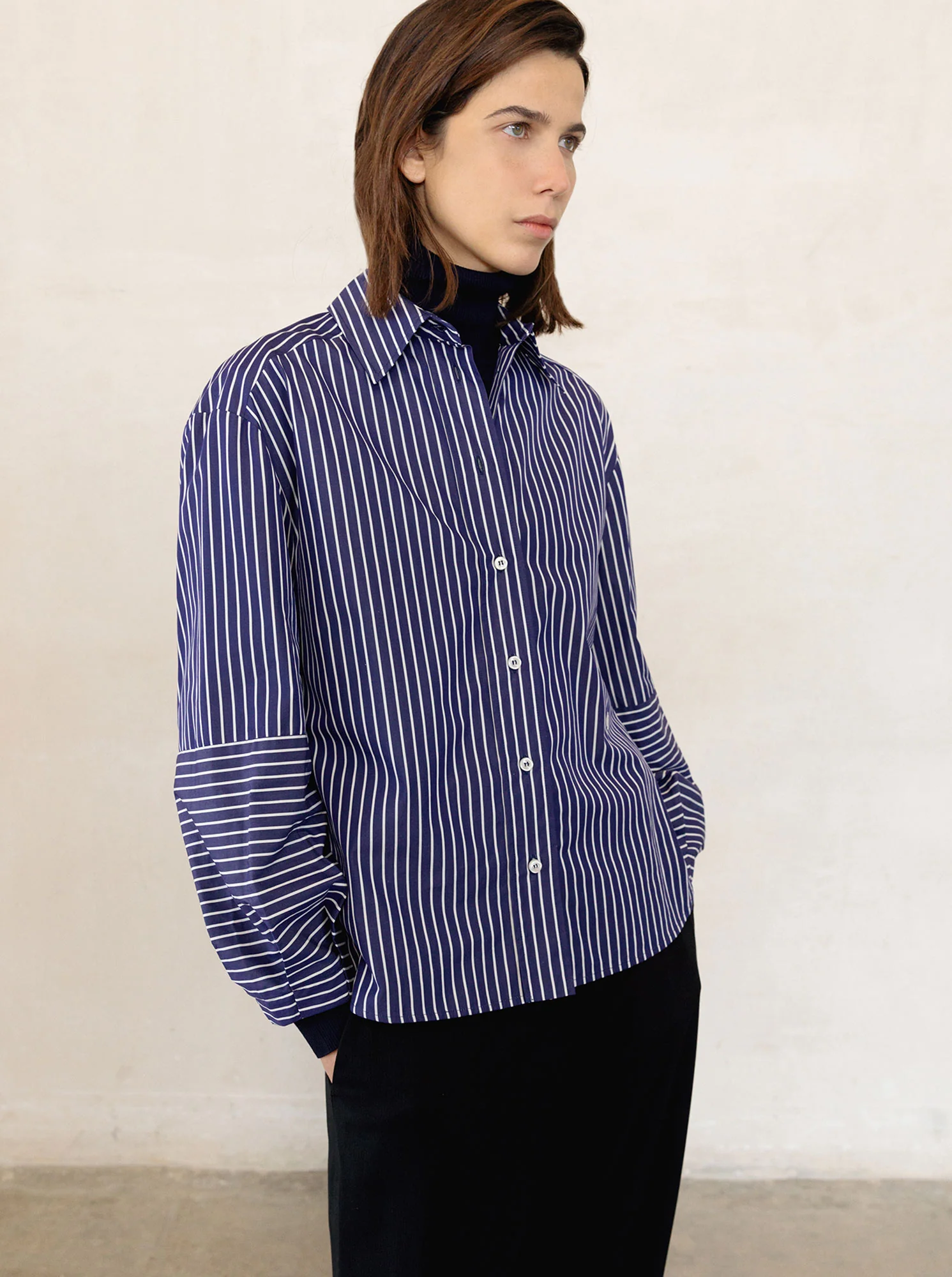 AURA Lantern sleeve stripe shirt navy/white - Image 4