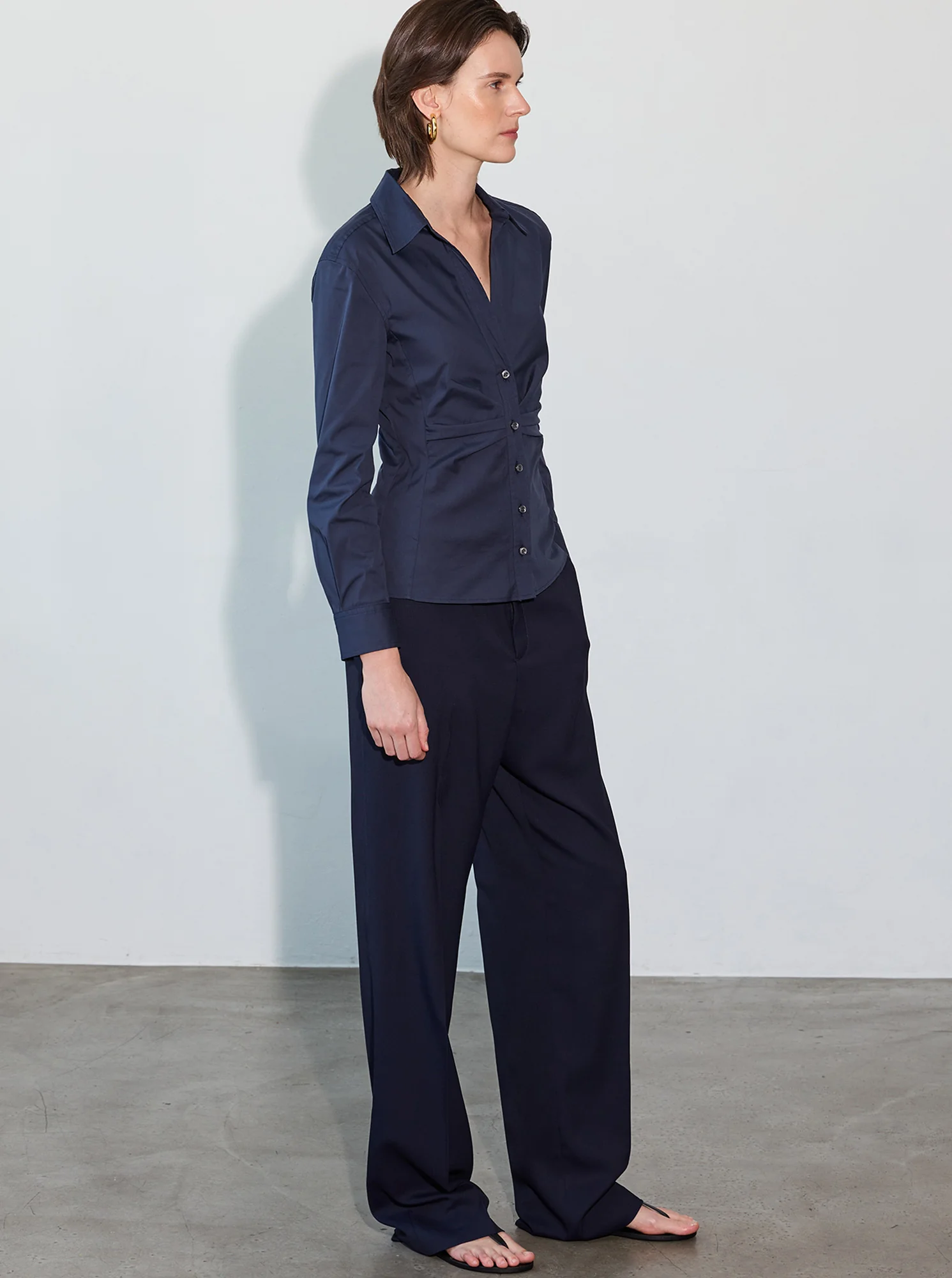 SAVILE Stretch Poplin Shirt Navy - Image 3