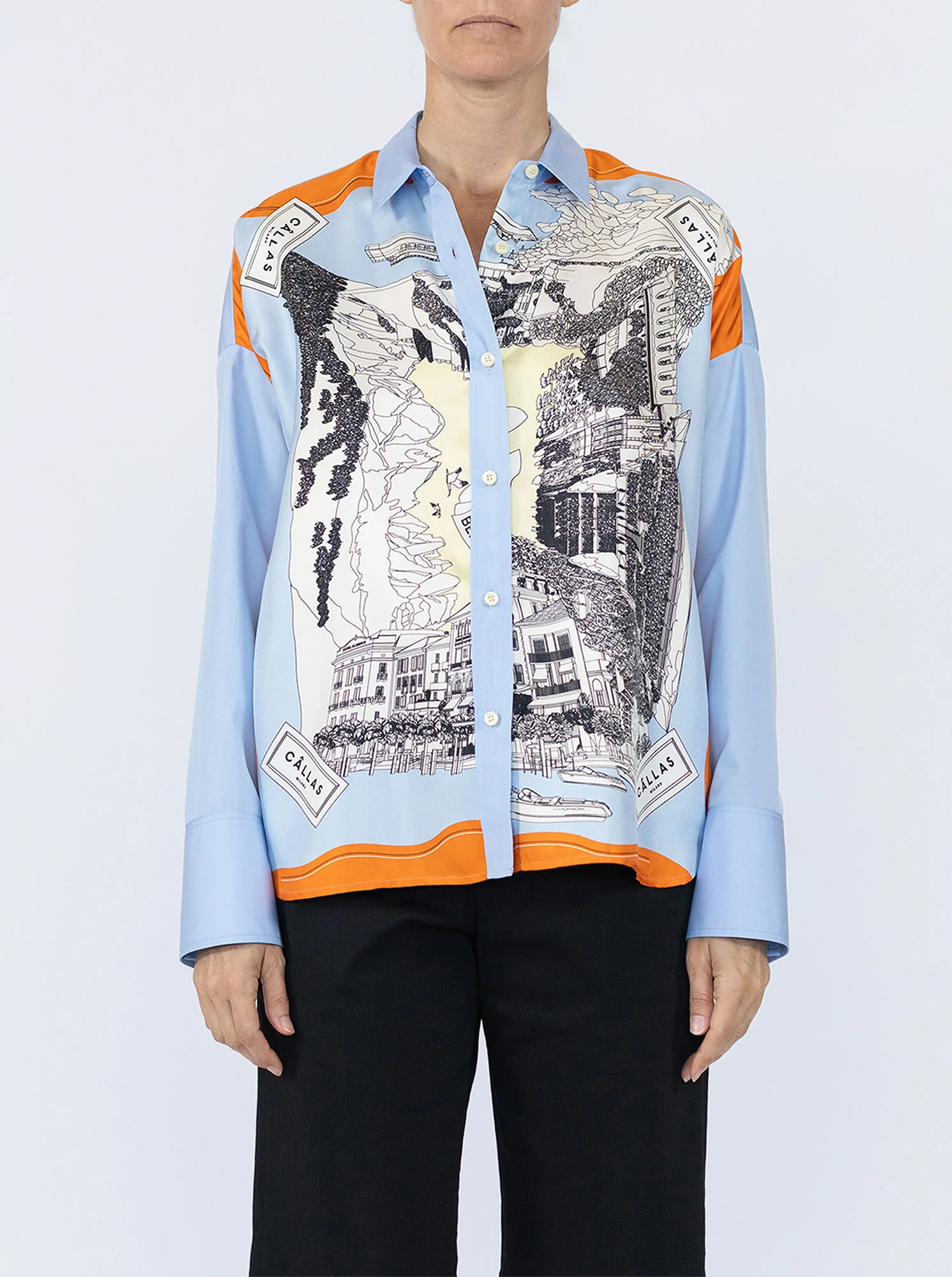 SIRENE Silk scarf front shirt Pale Blue/Orange - Image 2