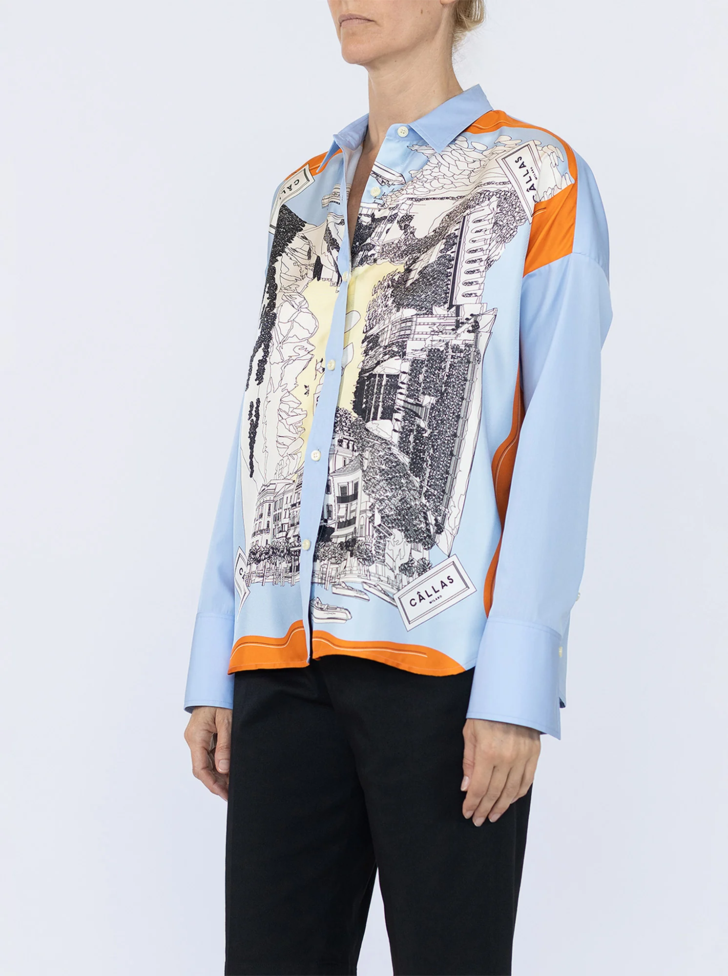 SIRENE Silk scarf front shirt Pale Blue/Orange - Image 3