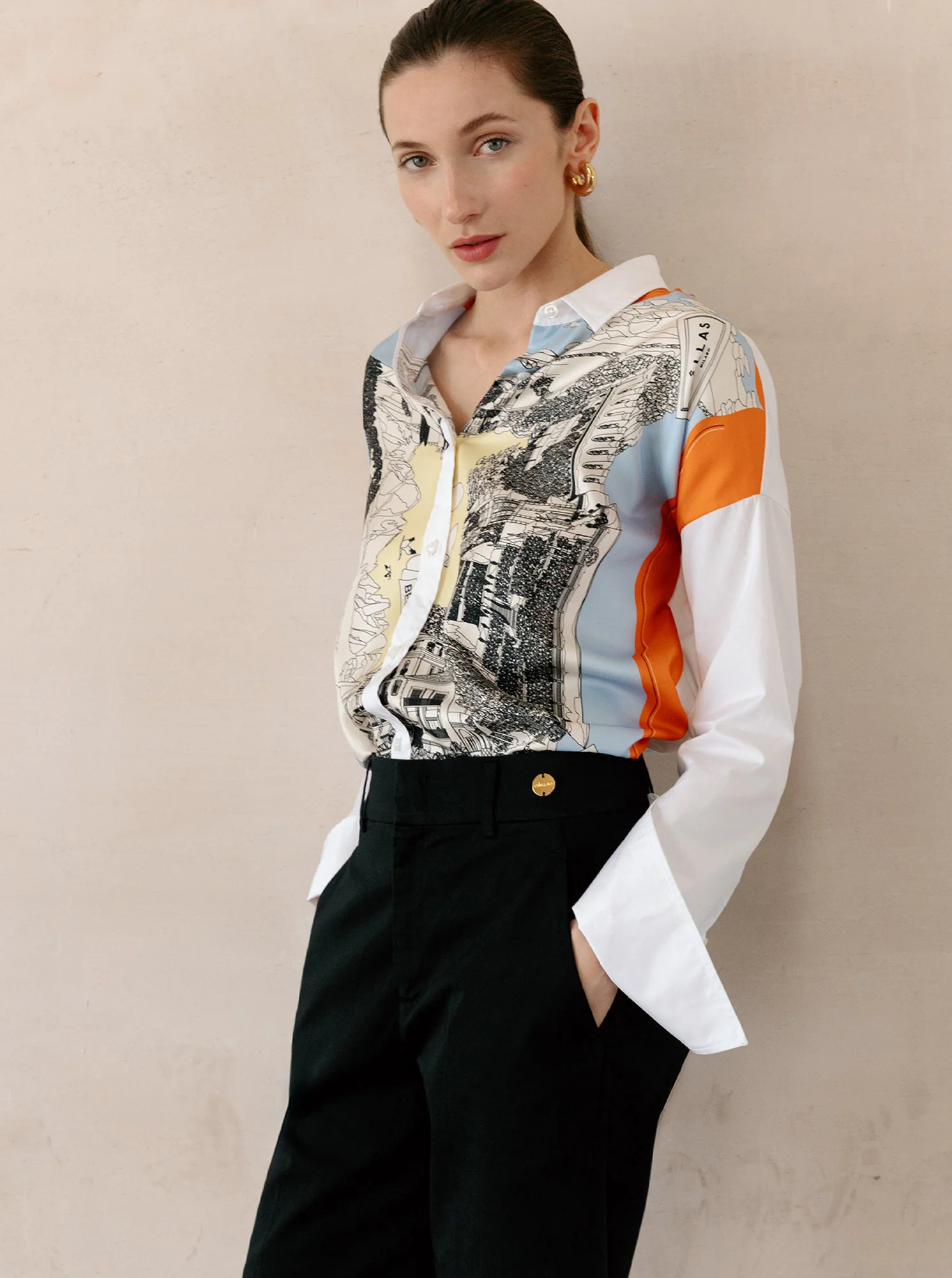 SIRENE Silk scarf front shirt White/Orange